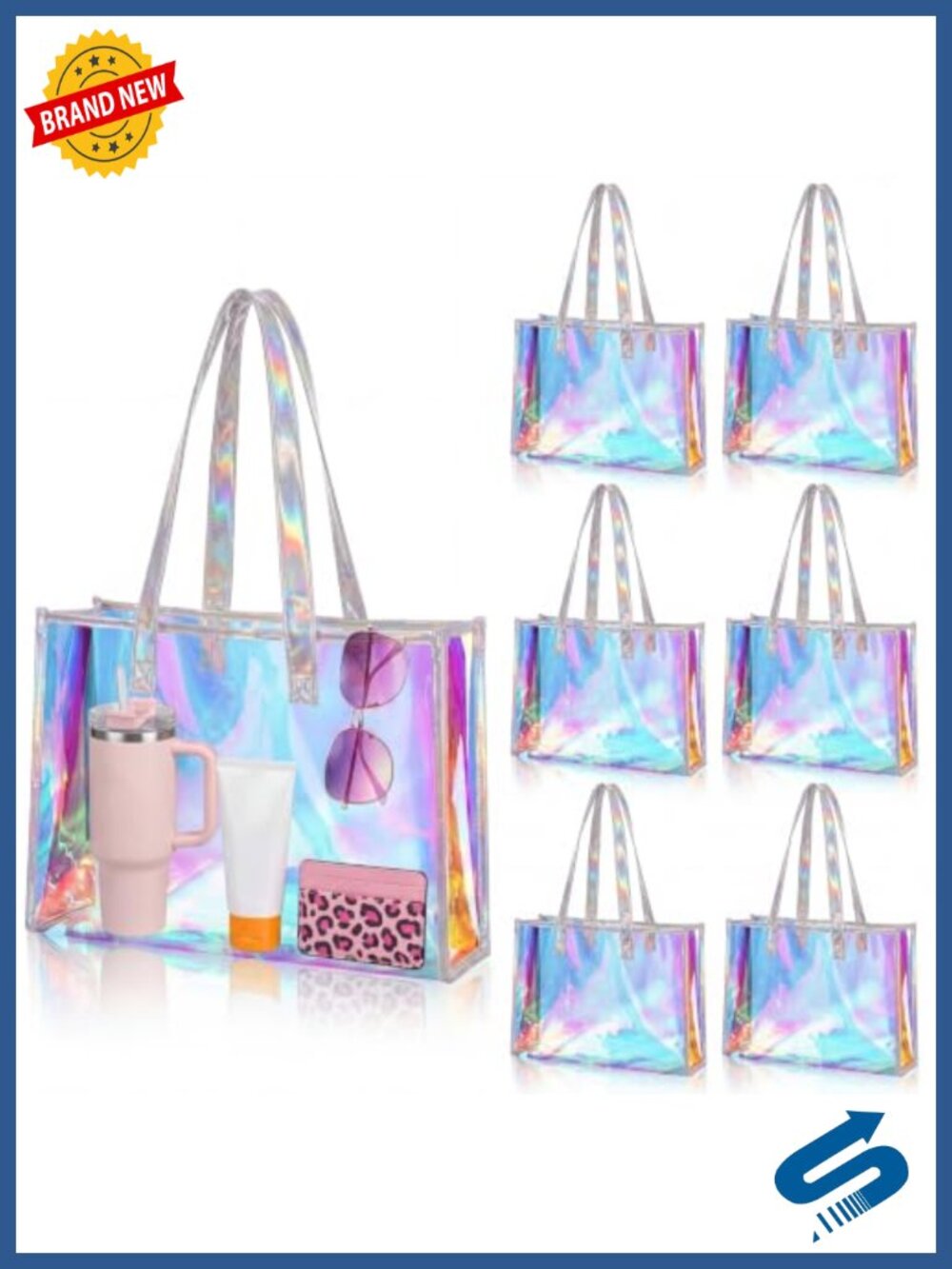 6-Pack Iridescent PVC Tote Bags with Handles, Holographic Gift Bags for